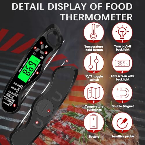 Cooking Thermometer，IP67 Waterproof Meat Thermometer Digital - color: Black