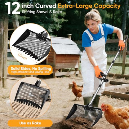 12inch Chicken Poop Scooper & Rake 2-in-1 with Adjustable Handle - color: Black