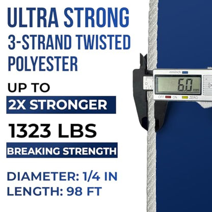 1323lbs Heavy Duty PP/Polyester/Nylon Rope, White, 1/4inX98FT | Weather-Resistant & Waterproof Rope for Pool, Camping, Construction & Rigging Applications - color: White, size: 1/4in X 98FT