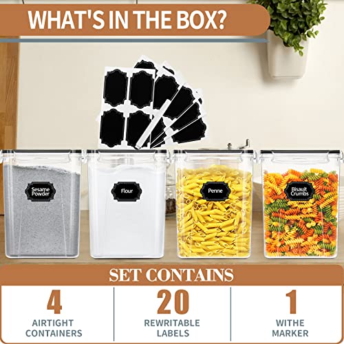 PRAKI Large Airtight Food Storage Containers 5.2L / 195oz, 4pcs Pantry Kitchen Organizers and Storage for Flour, Sugar, Baking Supplies, BPA Free, Plastic Flour Containers with 20 Labels & Maker - size: 5.2 l