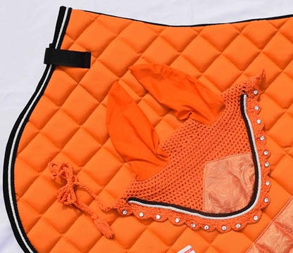 Orange Luxury Saddle Pad Set Matching Ear Bonnet | Equestrian Show Gear | Horse Riding Matchy Set | Dressage or Jumping/Hunter - size: Horse/Full