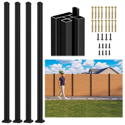 4 Pack 6FT 3-Way Aluminum Fence Post, 1.8mm Thick Walls & 10mm Base - color: 4 Pack Black Fence Post, size: 6 Feet