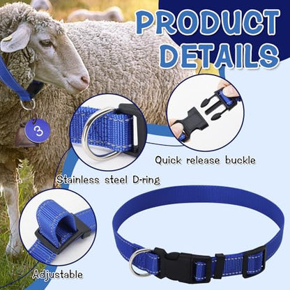 20 Sets Reflective Goat Collars with Bells and Number Tag, Adjustable Nylon Sheep Collar with Quick Release Buckle Anti Lost Pet Collar for Small Farm Animal Goat Sheep