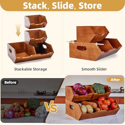 HYPIGO Large Capacity Potato and Onion Storage Bins | Stackable Wood Pantry Storage Baskets, Kitchen Pantry Organizers for Vegetables, Bread, Spices, Set of 3