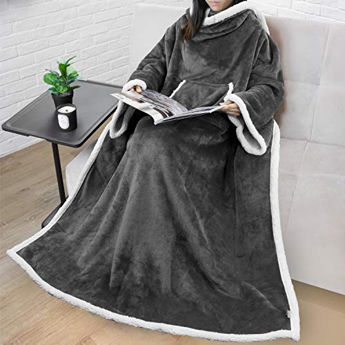 PAVILIA Sherpa Wearable Blanket with Sleeves and Pocket, Plush Thick Cozy Body Blanket Wrap for Adult Women Men, Christmas Gift for Wife Mom, Dark Grey - color: Charcoal