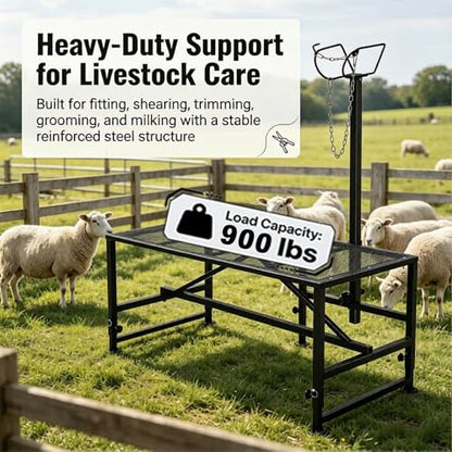 Goat Stand, 900 lbs Goat Milking Stand with 47 x 23 in Platform, 21 in to 33 in Adjustable Height, 42 in to 64.1 in Headpiece, Goat Trimming Stand for Grooming