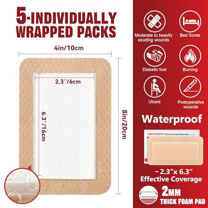 FRESINIDER 4" x 8" Pack of 5 Silicone Foam Wound Dressing - Waterproof Adhesive Bandages with Bordered - Super Absorbent & Breathable for Optimal Wound Care - color: 4" X 8", 5 Pack