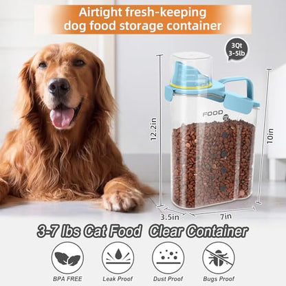 LEAWALK 3-5 LBS Cat Dog Food Storage Container Upgraded Large Nozzle BPA-free, Plastic Pet Food Storage Containers With 4 Sealed Clasps, 1 Measuring Cup and With Folding Bowl (Blue 1Pack)