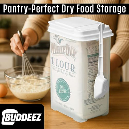 Buddeez Flour and Sugar Container - 3.25 Quart All Purpose Kitchen Organization and Storage Unit, Large Food Storage Container For Kitchen and Organizing Your Pantry (with Scoop)