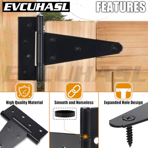 6 Inch T-Strap Gate Hinges, Shed Barn Door Hinges Heavy Duty, Black Tee Hinges for Wooden Fences, Yard Gate, Wrought Hardware Iron Rustproof (4 Pack/Set) - size: 6 Inch