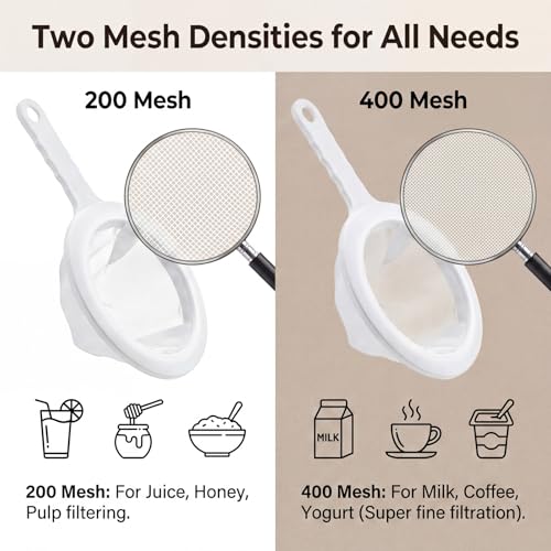 2 Pcs Fine Nylon Mesh Strainer, 200+400 Mesh Ultra Mesh Sieve | Mini Kitchen Colander Food Yogurt Mesh Sieve for Filtering Yogurt Juice Milk Honey Coffee Flour