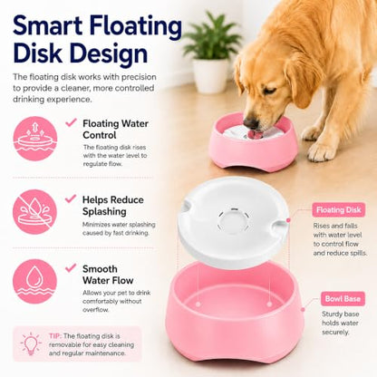 Pink No Spill Dog Water Bowl, Pet Floating Water Bowl No Wet Mouth, Anti Splash & Anti Tip Slow Water Feeder, Keeps Fur Dry Clean Drinking Bowl for Dogs & Cats, Large Capacity Travel Friendly - color: Pink, White