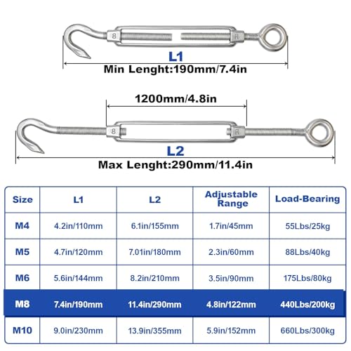 TooTaci 10PCS M8 Turnbuckle, 304 Stainless Steel Turnbuckle Hook and Eye | Turnbuckle Wire Tensioner, 440 lb Heavy Duty Adjustable Turnbuckles for Cables Wire, Cable Tightener, Trampoline, Tent, Tarps - size: M8 OC-10Pcs