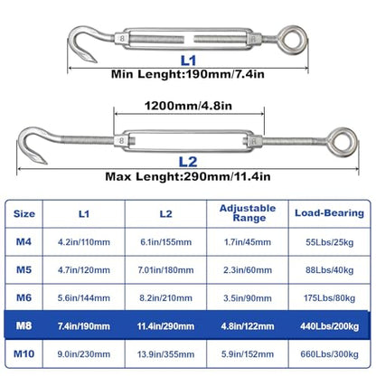 TooTaci 10PCS M8 Turnbuckle, 304 Stainless Steel Turnbuckle Hook and Eye | Turnbuckle Wire Tensioner, 440 lb Heavy Duty Adjustable Turnbuckles for Cables Wire, Cable Tightener, Trampoline, Tent, Tarps - size: M8 OC-10Pcs