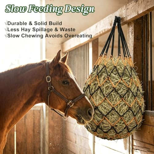 3 Pack Slow Feed Hay Nets for Horses, 25.6×23.6in Hanging Horse Hay Feeder Bags, 2.36×2.36in Mesh Polypropylene Hay Nets with Hooks & Gloves for Goat Sheep Livestock Stable Trailer Pasture