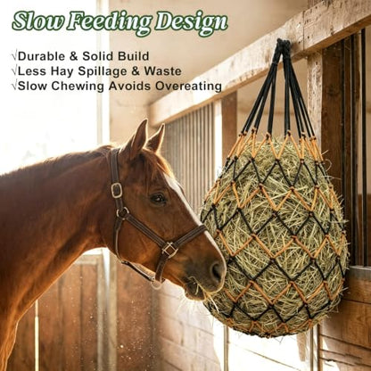 3 Pack Slow Feed Hay Nets for Horses, 25.6×23.6in Hanging Horse Hay Feeder Bags, 2.36×2.36in Mesh Polypropylene Hay Nets with Hooks & Gloves for Goat Sheep Livestock Stable Trailer Pasture