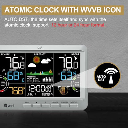 Weather Station Indoor Outdoor Thermometer Wireless Atomic Clock Grey | Home Atomic Clock Large Constant Display, Inside Outside Temperature Humidity Monitor, Dew Heat Point, Barometer - color: Grey