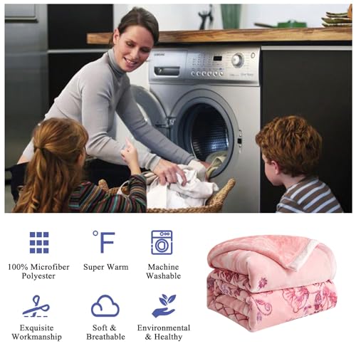 JML Raschel Fleece Heavy Blanket King, 87" x 94", Flowers Branches Pink | Korean Style, 2 Ply, A&B Printed, Embossed, Silky Soft, Cozy ,Thick, Warm for Winter - color: Flowers Branches Pink