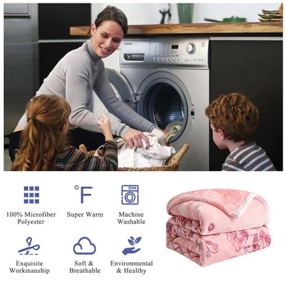 JML Raschel Fleece Heavy Blanket King, 87" x 94", Flowers Branches Pink | Korean Style, 2 Ply, A&B Printed, Embossed, Silky Soft, Cozy ,Thick, Warm for Winter - color: Flowers Branches Pink