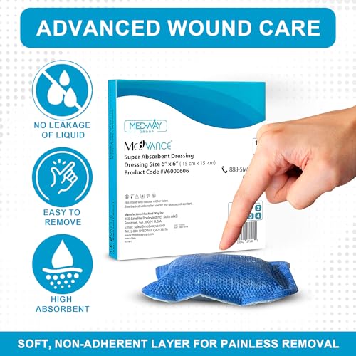 MedVance Super Absorbent Wound Dressing, Non-Adhesive Pads, 6"x6" Box of 10 | Sterile And Individually Wrapped - Non-Stick Wound Bandages - Super Soft - Highly Absorbent & Lock Exudate - Leakproof - size: 6"x6", style: 10 Pack
