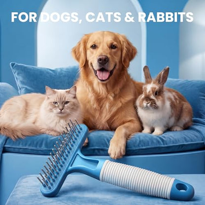 POODLIE Poodle Pet Dog Grooming Rake | Dematting Tool with Stainless Steel Shedding Comb for Pets | 2 Rows of Pins Gently Remove Loose or Tangled Hair from Undercoat (Blue) - color: Blue
