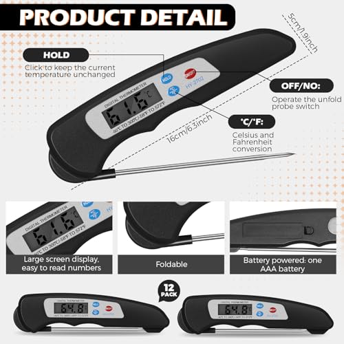 Xuhal 12 Pcs Digital Meat Thermometer with Probe Instant, Black - color: black