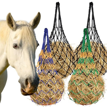 4 Pcs Slow Feeder Hay Nets for Horses Goat Cattle Equine Durable Heavy Duty Hanging Hay Feeder Nets for Horse Stalls Barn Pasture and Farm Feeding Supplies(Black, Yellow, Green, Blue)