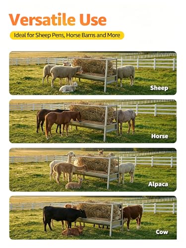 59" L Goat Hay Feeder 90 Gallon Large Capacity, Stainless Steel 2-in-1 Hay & Grain Feeder for Goats, Sheep, Horses | Freestanding Outdoor Farm Livestock Feeder, Easy Assembly