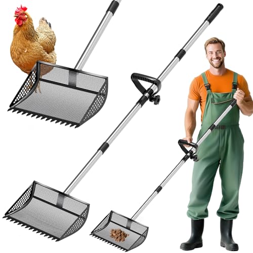 Chicken Poop Scooper Rake 2-in-1,304 Stainless Steel Shovel Head, Chicken Litter Scoop with Handle for Chicken Coop for Sand, Pet Waste Cleaning, Litter Sifting Shovel (35 to 65") (Black, 12inch) - color: Black