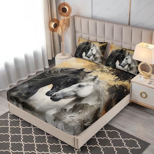 Horses Aesthetics Bedding Full Size,1 Fitted Sheet+2 Pillowcases. - color: Black-gold, size: Full