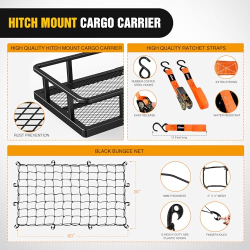 Nilight 60" x 24"x 7.87" Folding Carrier Fits 2-Inch Receiver 500 Lbs Capacity Soft Waterproof Bag Net Ratchet Straps for SUV Pickup RV‘s Vans Cars - style: 24"x 60"x 7.87",w/Bag,Net,Straps