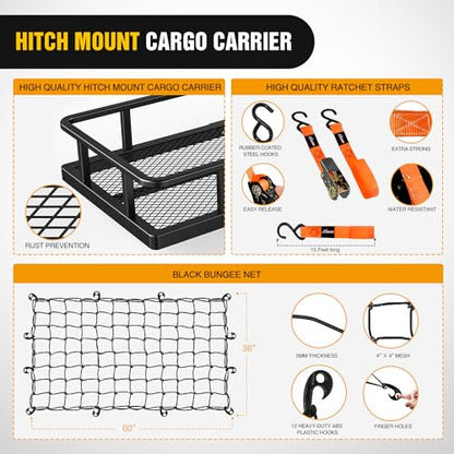 Nilight 60" x 24"x 7.87" Folding Carrier Fits 2-Inch Receiver 500 Lbs Capacity Soft Waterproof Bag Net Ratchet Straps for SUV Pickup RV‘s Vans Cars - style: 24"x 60"x 7.87",w/Bag,Net,Straps
