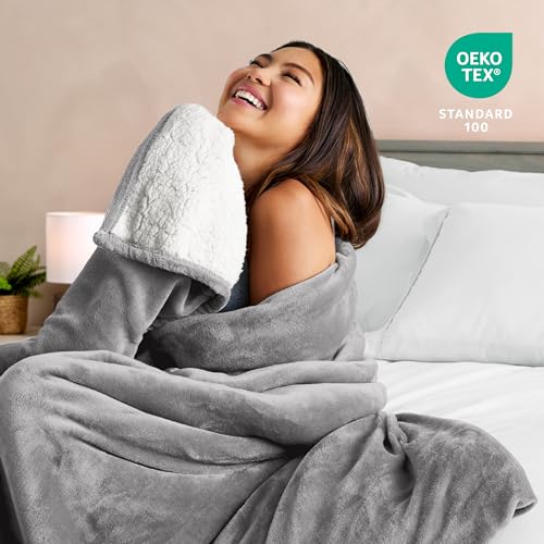 Bare Home Sherpa Fleece Blanket (Throw, Light Grey) | Reversible Blanket for Bed, Sofa, and Couch, Warm & Lightweight, Fluffy & Soft - color: 07 - Light Grey, size: Throw/Travel