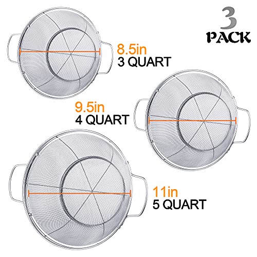 3 Pack 18/8 Stainless Steel Colander Sieves(5-Quart, 4-Quart and 3-Quart), Mesh Strainer Net Baskets with Handles & Resting Base for Strain, Drain, Rinse or Steam - size: 3 Qt. + 4 Qt. + 5 Qt.