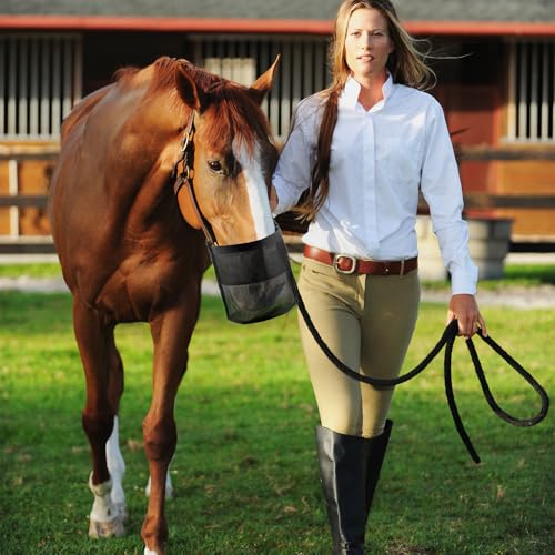 QWORK Horse Feed Bag Grain, Black PVC Mesh Horse Feeder with Adjustable Strap, (Fits Small to Full-Sized Horses)
