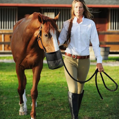 QWORK Horse Feed Bag Grain, Black PVC Mesh Horse Feeder with Adjustable Strap, (Fits Small to Full-Sized Horses)