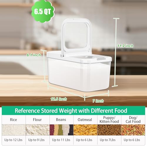 12 Lbs Rice Flour Sugar Storage Containers Dry Food Holder with Flip-up Lid | Airtight 6.5 Qt Crystal-Clear BPA Free Plastic Pet Dog Food Storage Container Bin for Kitchen Pantry Organization