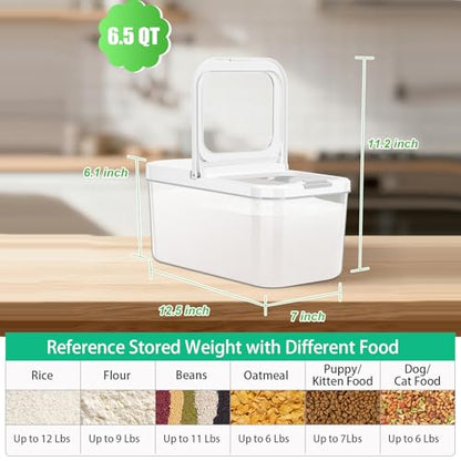 12 Lbs Rice Flour Sugar Storage Containers Dry Food Holder with Flip-up Lid | Airtight 6.5 Qt Crystal-Clear BPA Free Plastic Pet Dog Food Storage Container Bin for Kitchen Pantry Organization