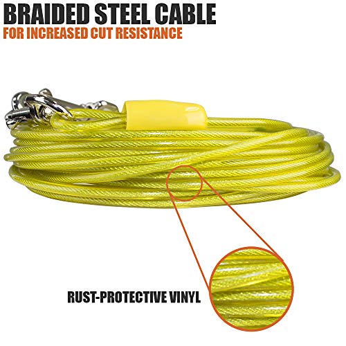 BV Dog Tie Out Cable 25 Feet - Heavy Duty Dog Lead Up to 35 Pounds - Reflective & Rust-Free with Quick Release Swivel Clips & 360° Rotating Clasp - Tangle-Free Dogs Runner for Yard (Yellow, Single) - color: 35lbs/ 25ft/ Yellow, style: Single