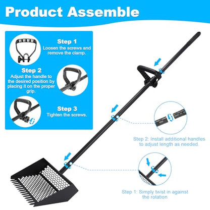 2-in-1 Coop Scoop(24" to 68"), Chicken Poop Scooper with Grip & Rake, Chicken Coop Accessories for Pet Waste Cleaning, Adjustable Stainless Steel Sand Sifting Litter Shovel for Chicken Coop