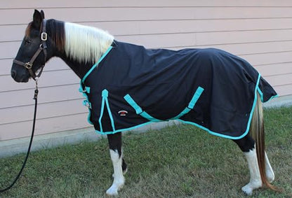 CHALLENGER 1200D Turnout Waterproof Rain Light-Weight Sheet Horse Blanket - color: Black/Turquoise Trim, size: 68"