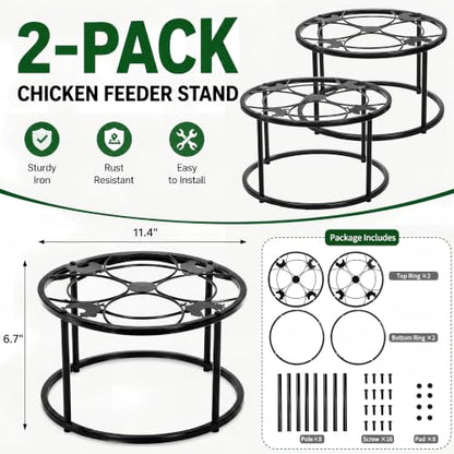 2 Pack Metal Stand for Chicken Feeder Waterer, Stable Chicken Water Feeder Stand Holder with 4 Legs, Heavy Duty Iron Supports Rack for Chicken Feeder Port, Poultry, Buckets, Barrels