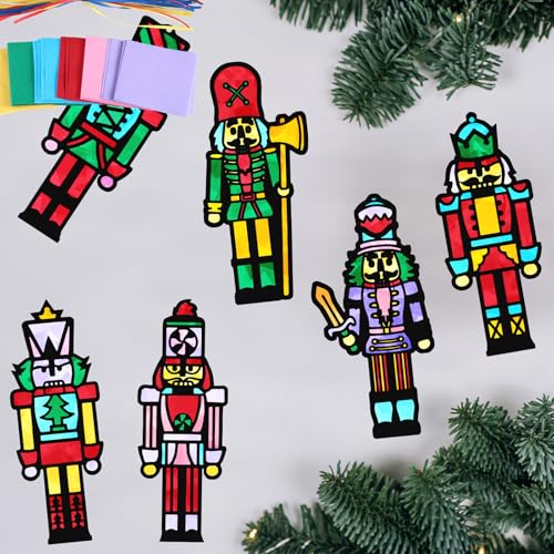 AmazingSpark 30 Pcs Christmas Nutcracker Suncatchers Stained Glass Craft | DIY Paper Crafts with Tissue Sheets for Kids , VBS Classroom Projects, Bulk Art Set for Groups, Xmas Ornament Decor - style: Christmas Nutcracker