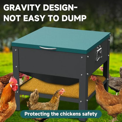 Metal Chicken Feeder with Waterproof Cover, Galvanized Steel Automatic Chicken Feeder, 80 lbs Large Capacity, No Waste Chicken Feeder with Portable Handles, Poultry Feeder for Chickens, Ducks - color: Green