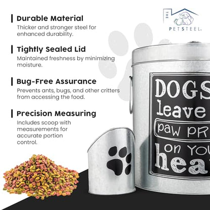 Silver Large Rustic Up to 50lb Pet Food Storage Container. Farmhouse and Rustic Look. Large Canister with Scoop. No More Plastic Containers