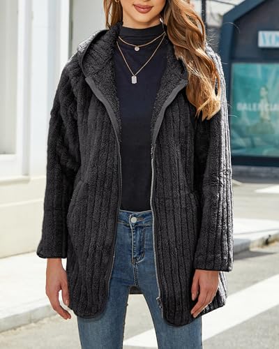 Vipwest Womens Fleece Jacket Hooded Winter Warm Full Zip Long Sleeve Sherpa Jacket Coat Outerwear with Hood (S-5XL) - color: Black Grey, size: X-Large