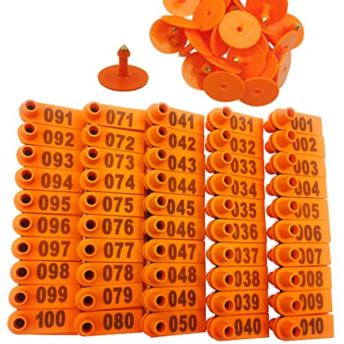 100PCS 001-100 Number Plastic Livestock Ear Tags Farm Animal Tags ID Tags Pink Green Blue Ear Tagger for Cow Cattle Sheep Goats Pigs Hogs Mark Label (Orange) - color: Orange