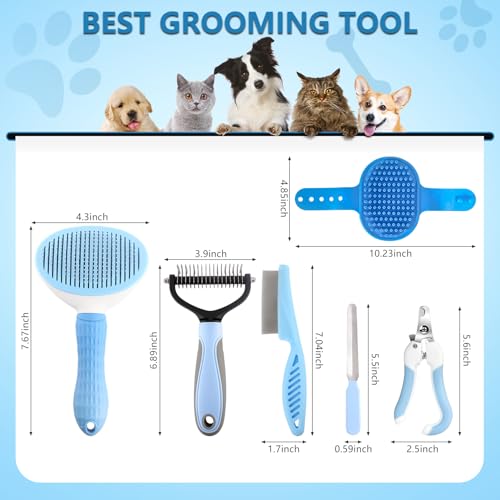Dog Brush Dog Grooming Kit 6PCS Dog Brush for Shedding-Dog Brushes for Grooming, Dematting Comb for Dogs, Cat Nail Clipper with Nail File, Flea Comb, Bath Brush(Blue) - color: Blue