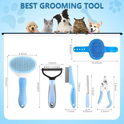 Dog Brush Dog Grooming Kit 6PCS Dog Brush for Shedding-Dog Brushes for Grooming, Dematting Comb for Dogs, Cat Nail Clipper with Nail File, Flea Comb, Bath Brush(Blue) - color: Blue