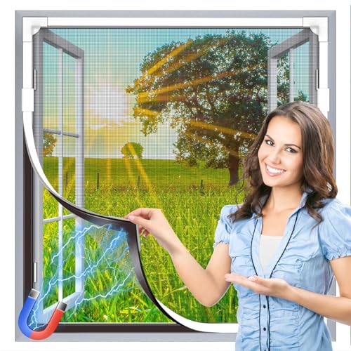 HOFUDON Window Screen Adjustable Magnetic Window Screen Replacement Max 47” x 51”, DIY Fiberglass Mesh Window Screens for House Windows White Frame Grey Mesh - color: White Frame Gray Mesh, size: 47" x 51"